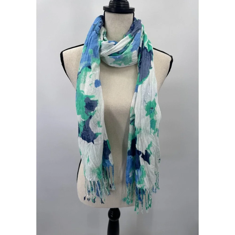 Watercolor Teal Blue White Scarf Shawl Wrap Artsy Coastal Marine Fringe Mermaid
